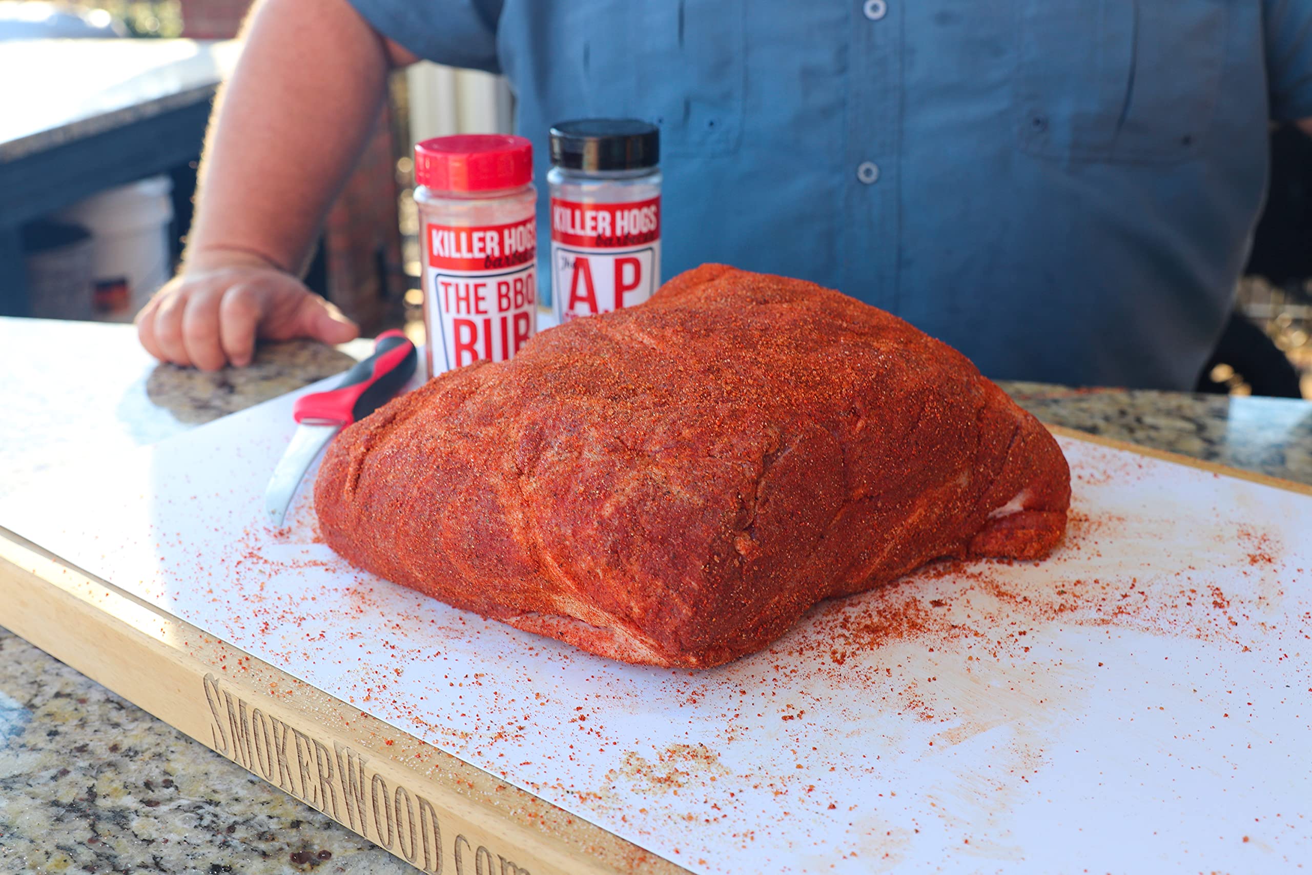 Killer Hogs AP seasoning on pantry shelf for easy access.