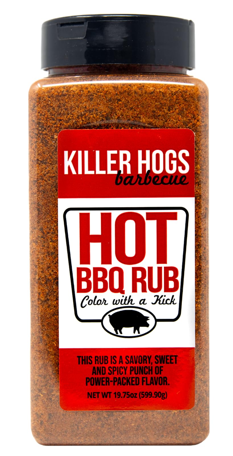 Killer Hogs HOT BBQ Rub bottle close-up for bold beef flavor.