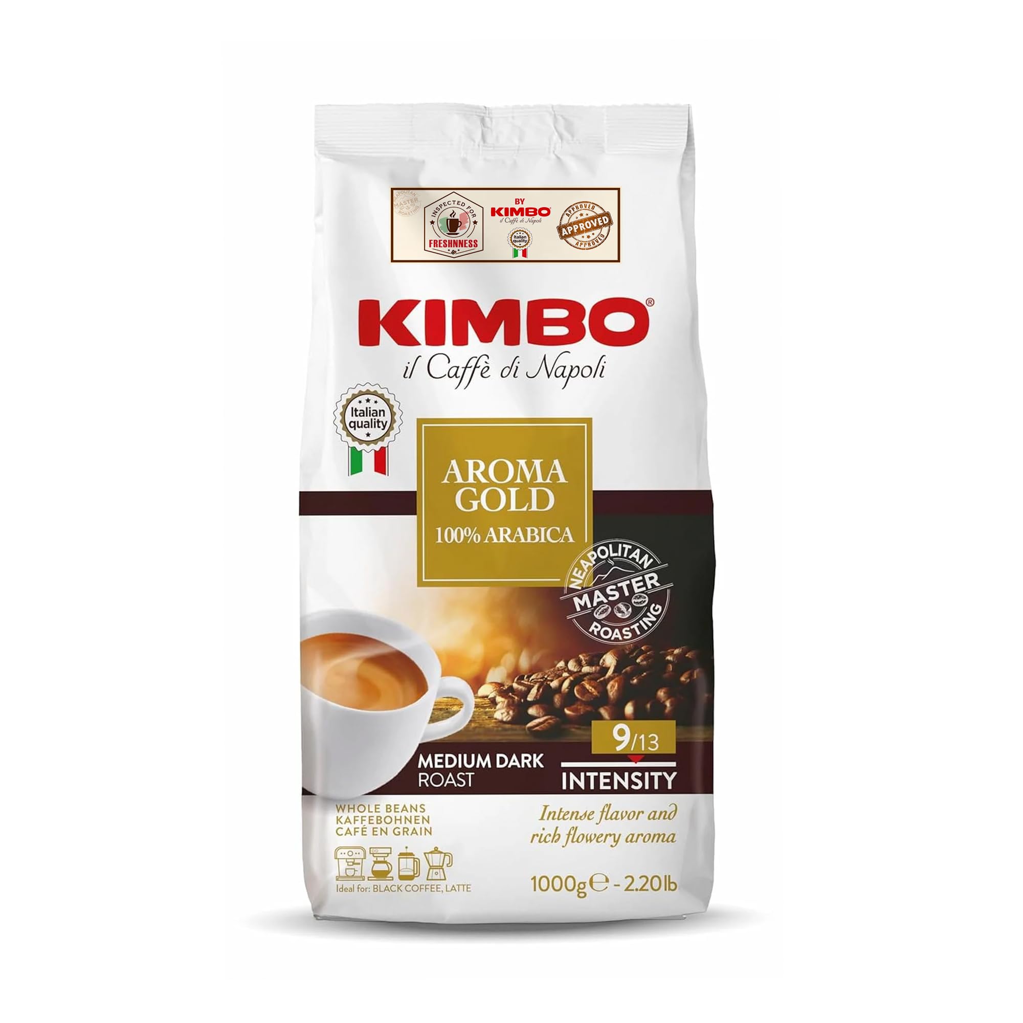 Kimbo Aroma Gold coffee beans ready for grinding and brewing.