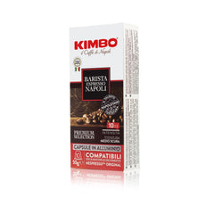 KIMBO Barista Napoli capsules closeup highlighting premium Arabica blend for bold flavor