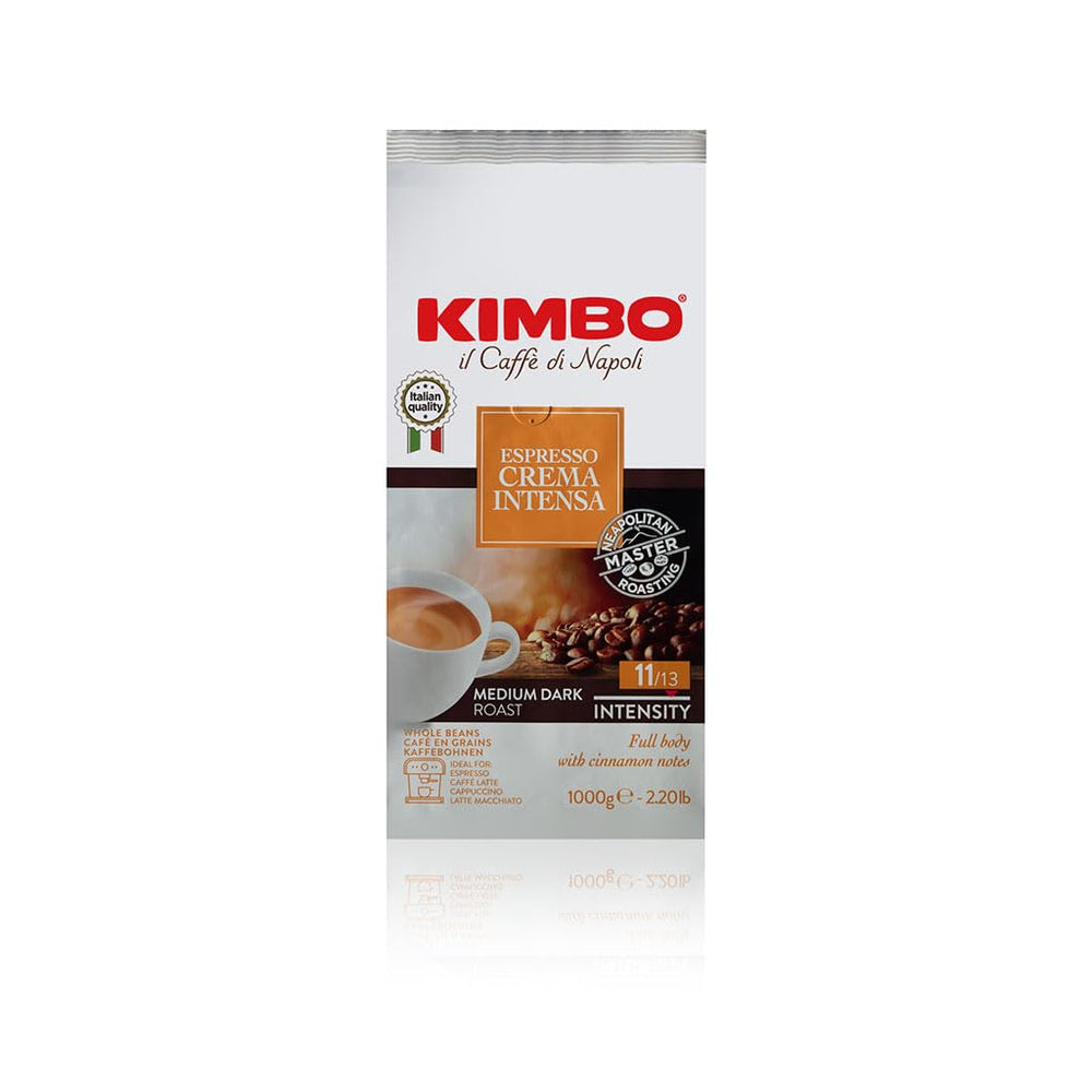 Kimbo Crema Intensa whole bean bag delivers fresh grind and rich aroma for home espresso.