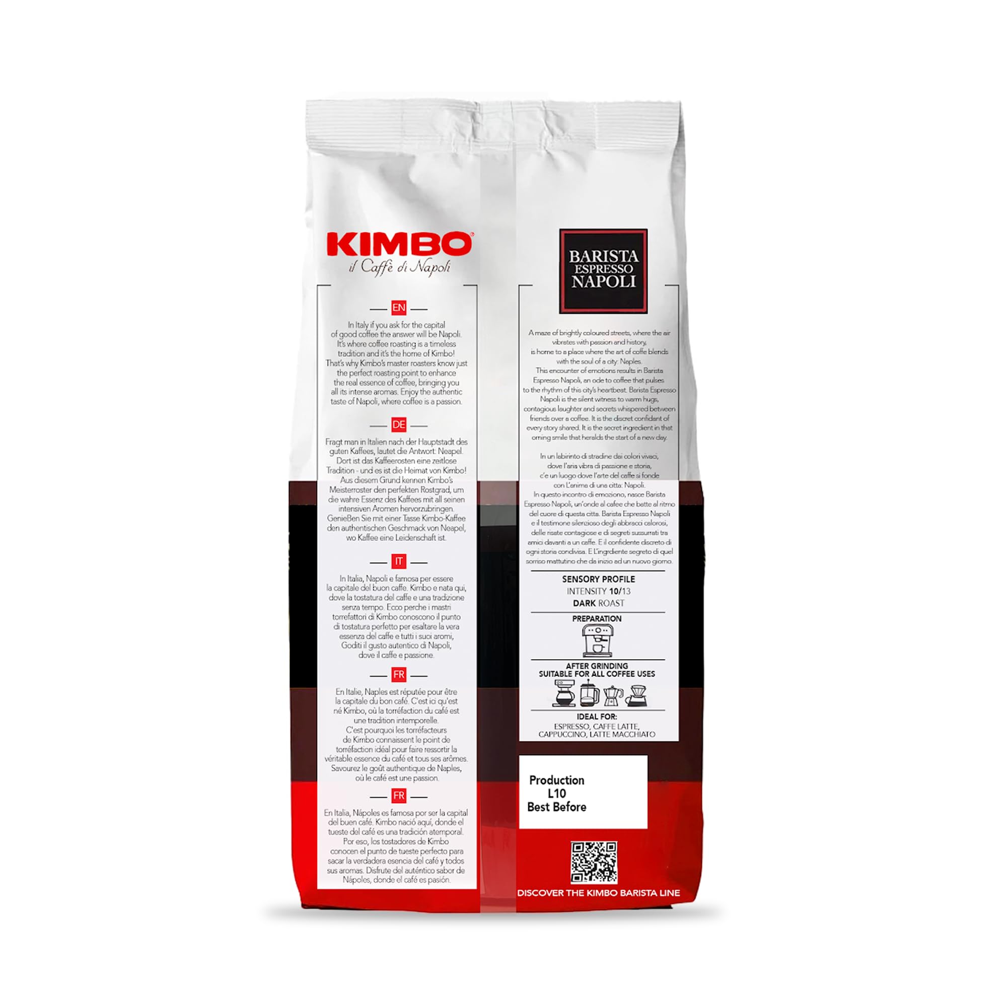 Kimbo Espresso Napoletano cup ready, highlighting bold aroma and long-lasting aftertaste.