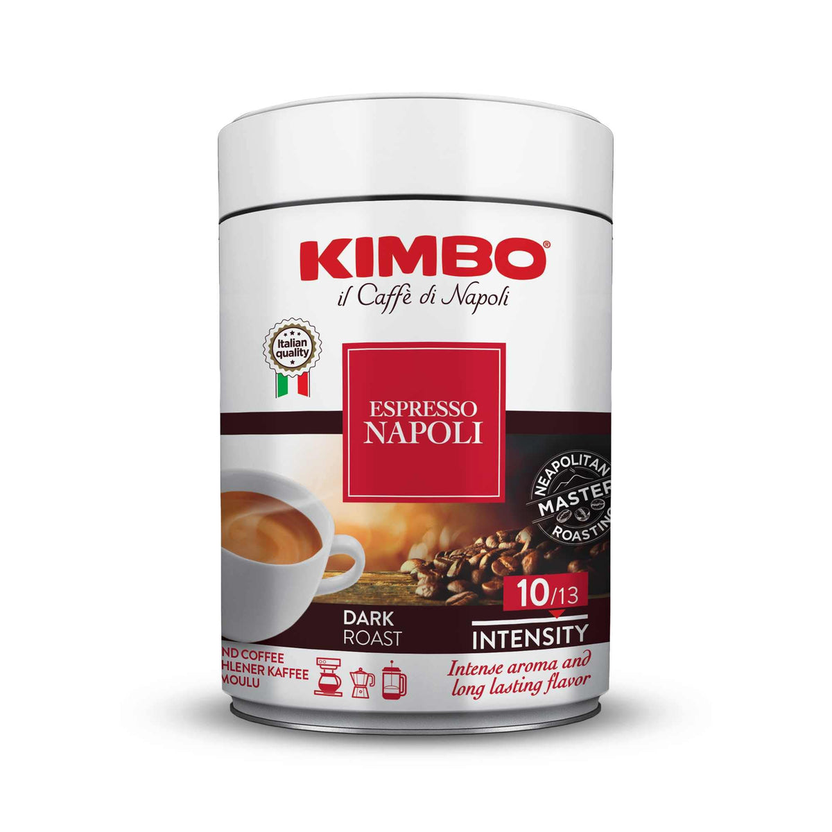 Kimbo Espresso Napoletano ground coffee can for a rich crema and true Italian espresso.