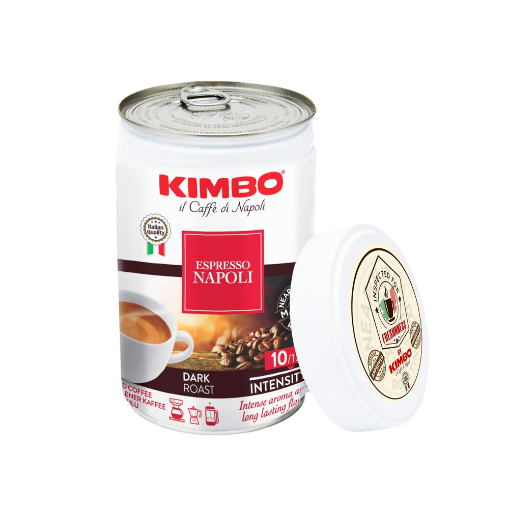 Kimbo Espresso Napoletano packaging signals authentic Italian roasting heritage.