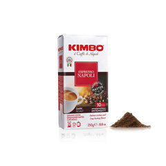 Kimbo Espresso Napoli ground coffee bag top view, premium Italian blend for rich crema
