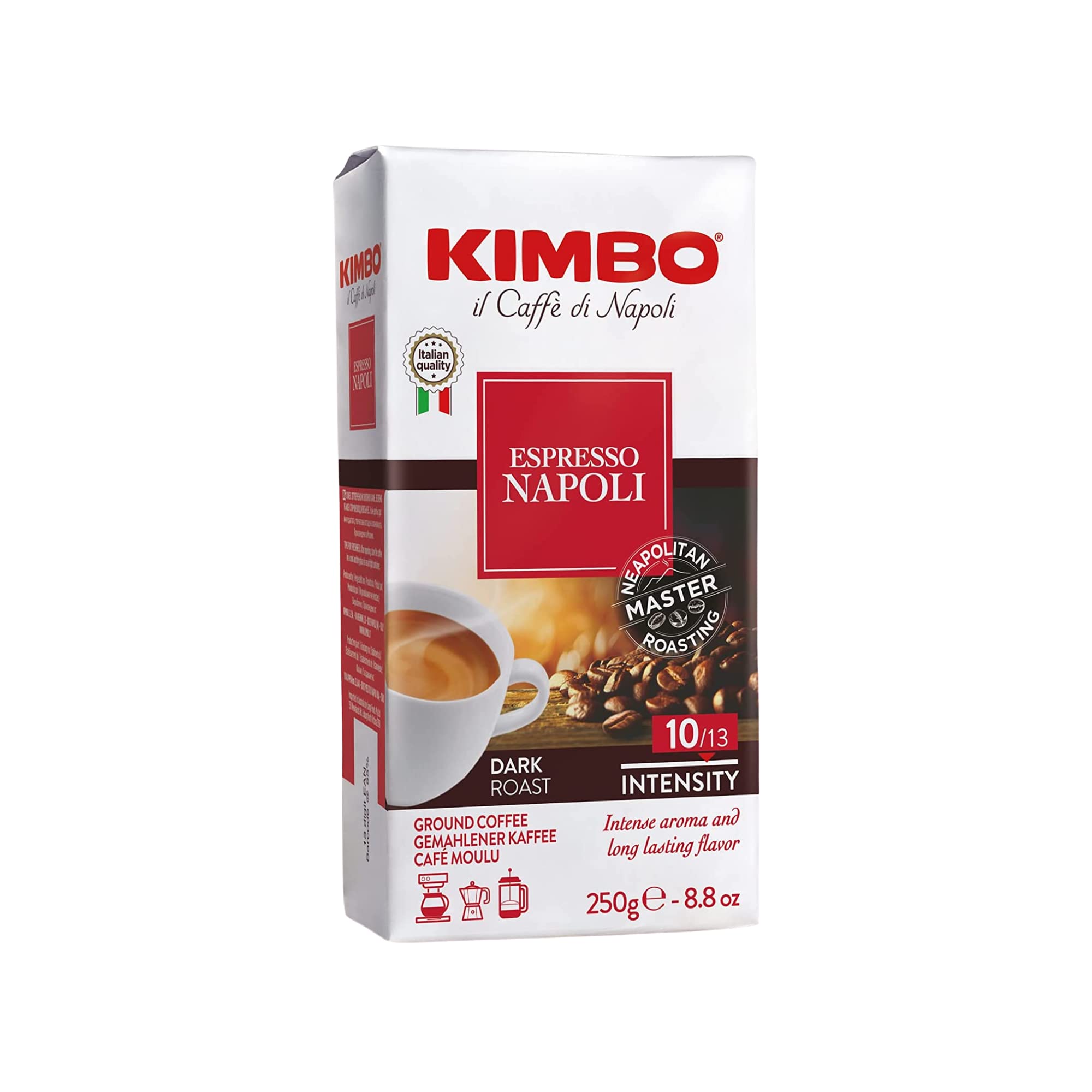Kimbo Espresso Napoli ground coffee label detail showing origin and roast