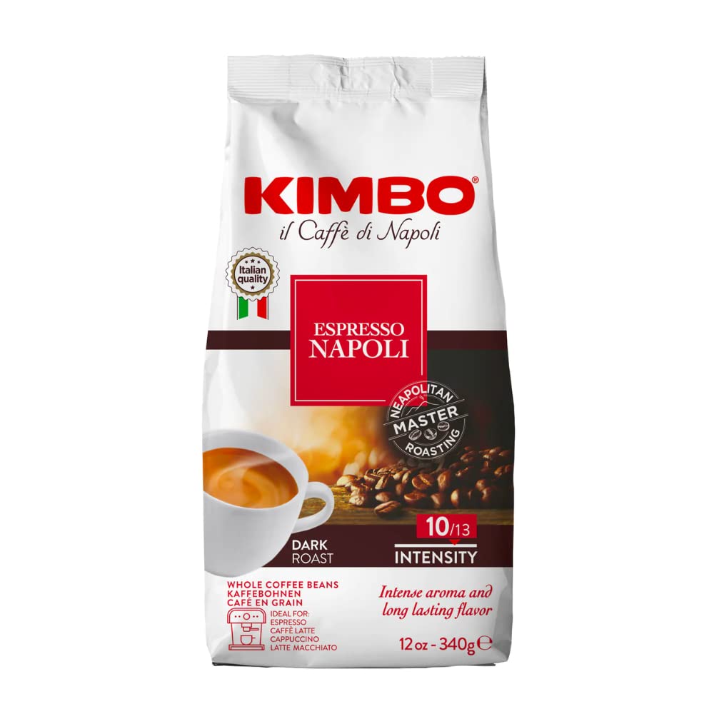 Kimbo Espresso Napoli whole beans pack shown, ideal for home Italian coffee rituals.