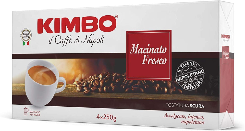 Kimbo ground coffee 4x250g pack shot, ideal for quick espresso mornings.
