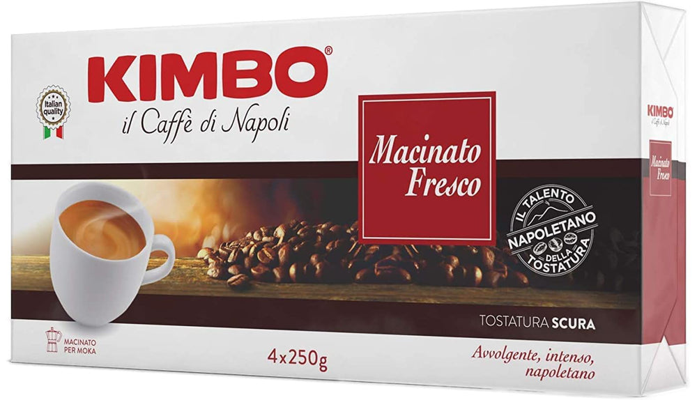 Kimbo ground coffee 4x250g pack shot, rich aroma ready for everyday brewing.