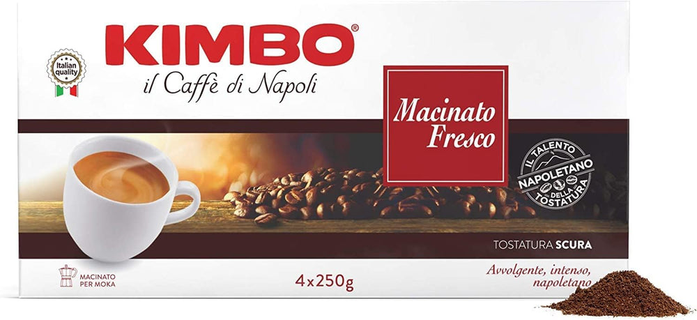 Kimbo Macinato Fresco ground coffee 4x250g packs, versatile for drip or espresso.