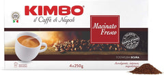 Kimbo Macinato Fresco ground coffee 4x250g packs, versatile for drip or espresso.