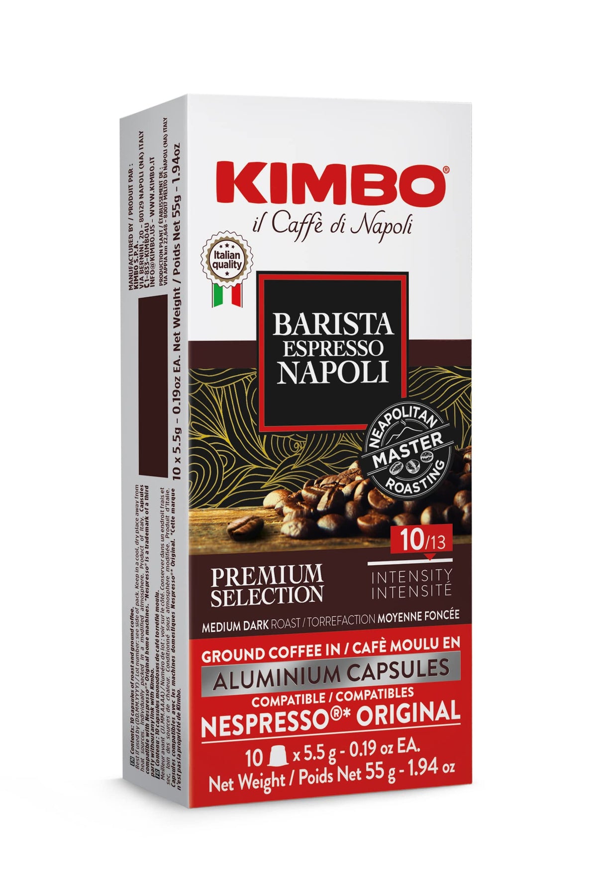 Kimbo Napoli aluminium capsules preserve aroma for a bold espresso.