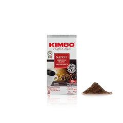 Kimbo Napoli Original brewed cup shows dark roast with floral notes.