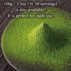 KIMIKURA Matcha powder close-up, fine texture ideal for whisking lattes and traditional tea.