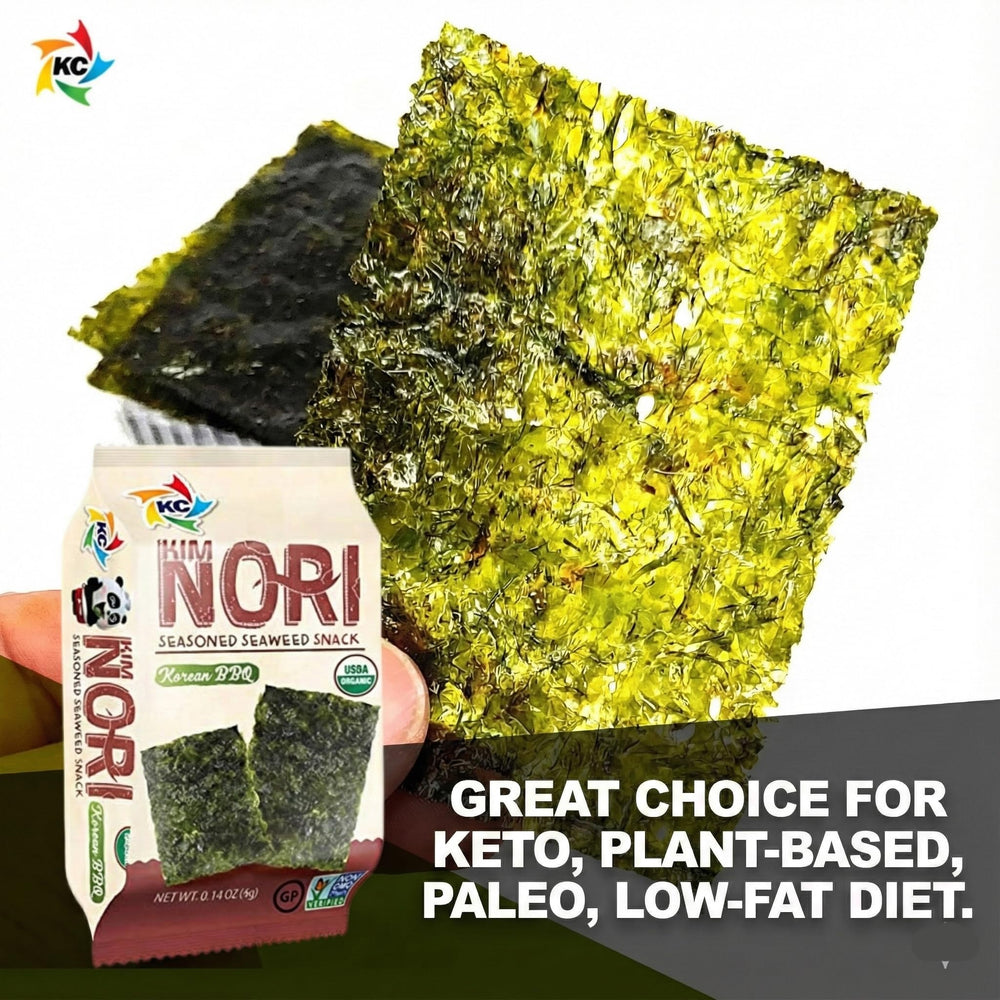 KIMNORI KBBQ seaweed snack in hand offers a low-calorie, tasty bite.