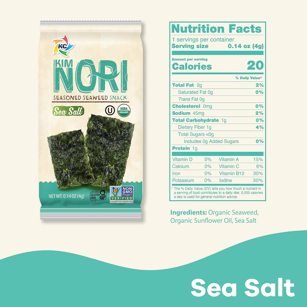 KIMNORI organic sea salt flavor box image, crisp snack for on-the-go.