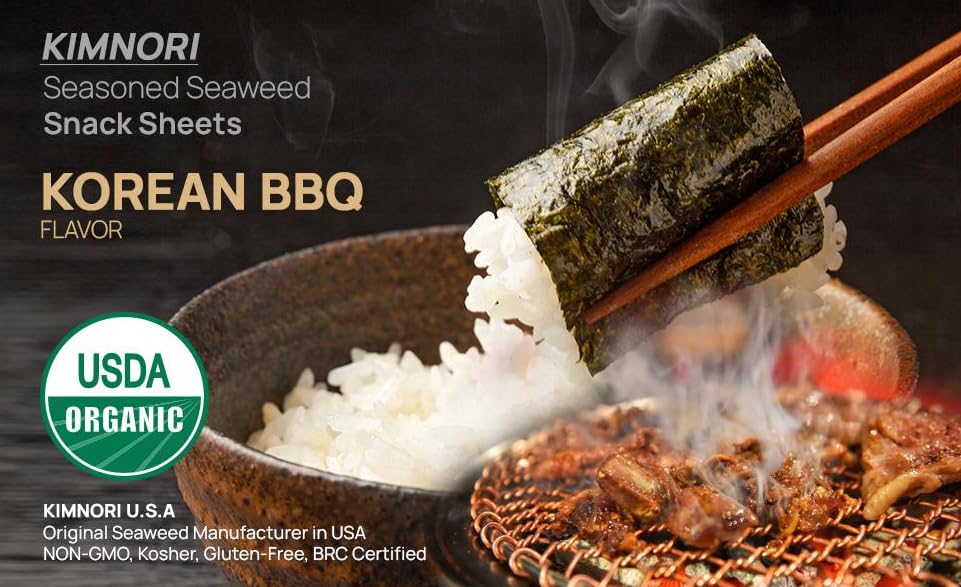Kimnori premium canola and sesame oil-roasted seaweed for clean taste.