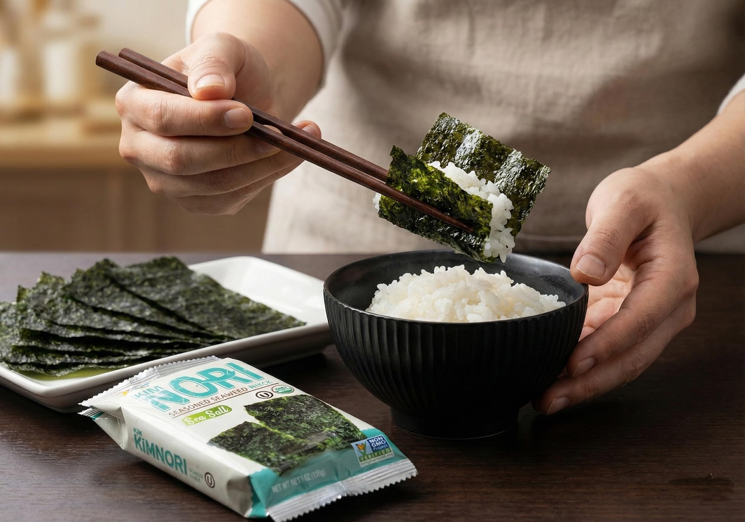KIMNORI sea salt flavor sheets in recipe bowl as topper option.