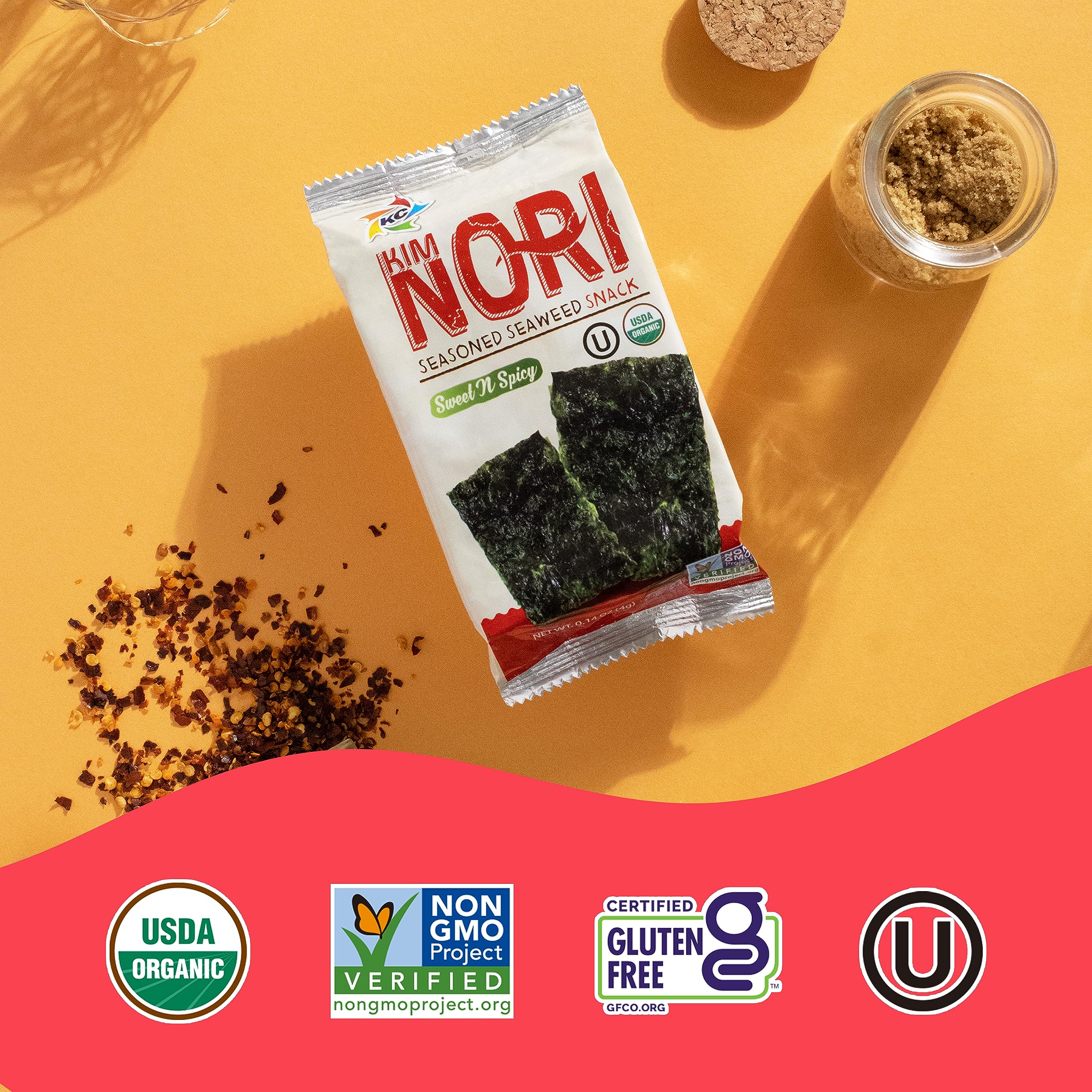 Kimnori Sweet ’N Spicy seaweed snack in a 24-pack.