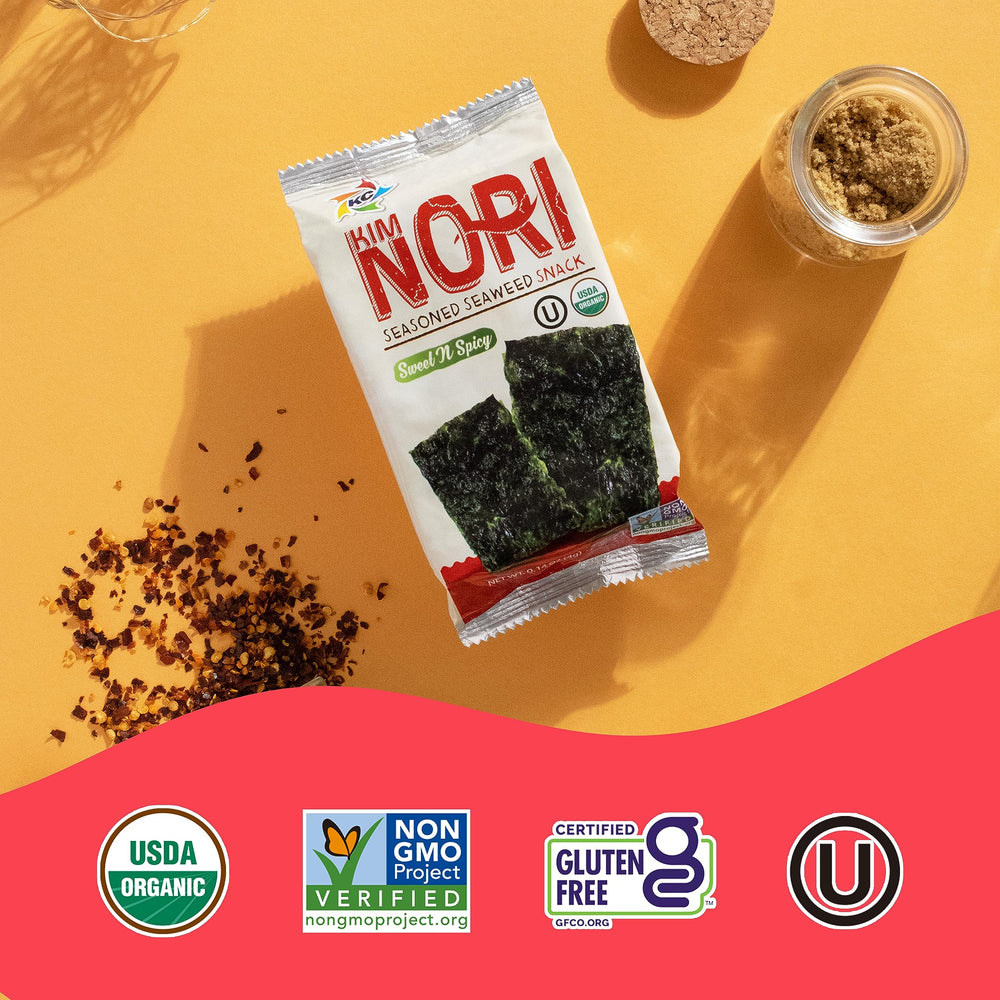Kimnori Sweet ’N Spicy seaweed snack in a 24-pack.