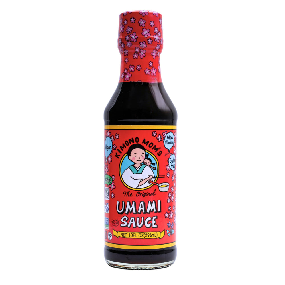 Kimono Mom UMAMI SAUCE bottle ready for versatile vegan seasoning