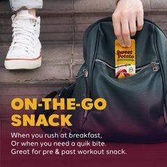 Gluten-free badge with KIM'S TABLE dried sweet potato snack.