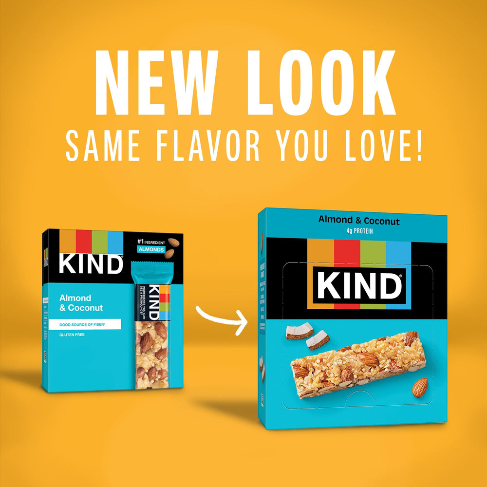 KIND almond and coconut box design shows 24 bars.