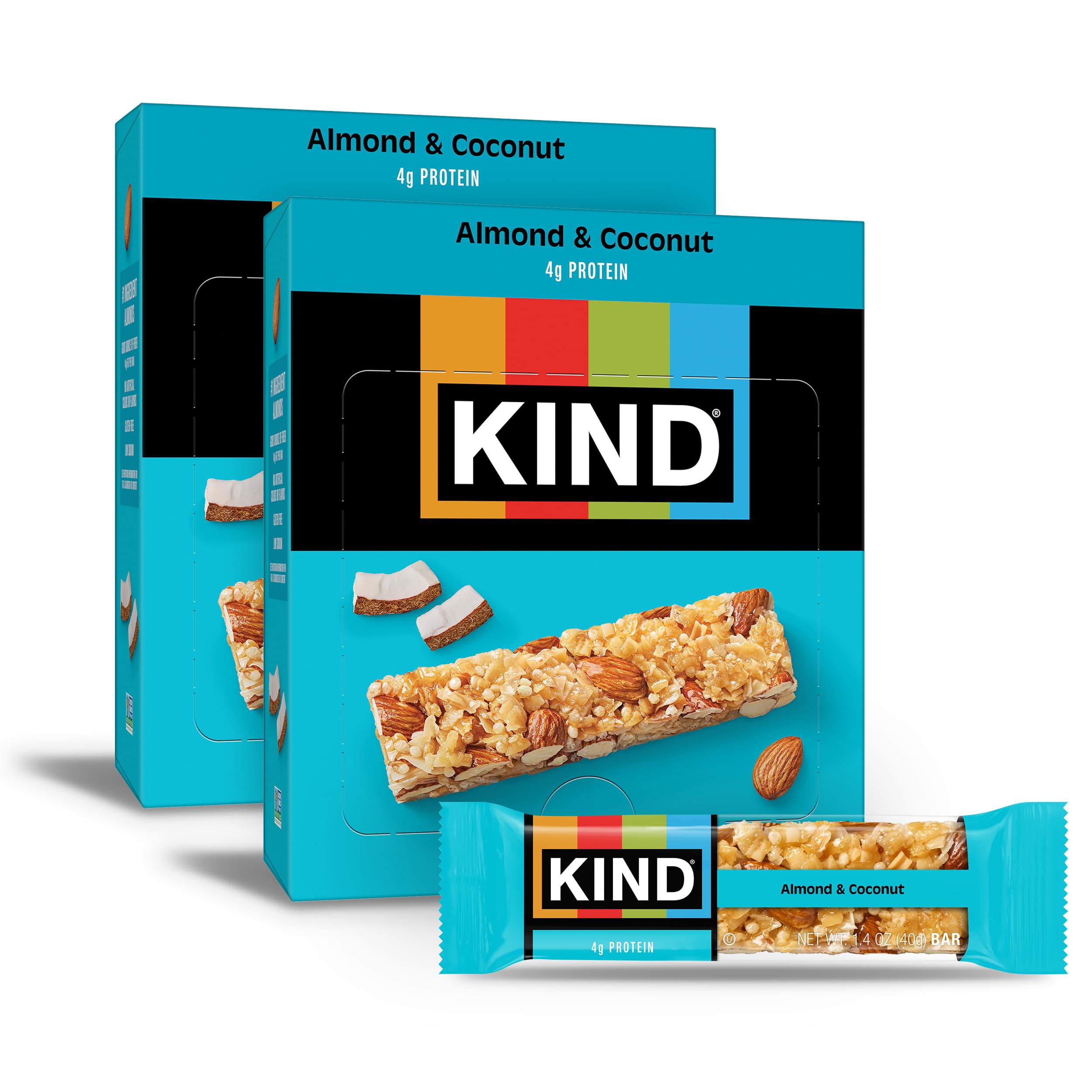 KIND Almond and Coconut bar packaging showing a 24-count box for on-the-go snacking.