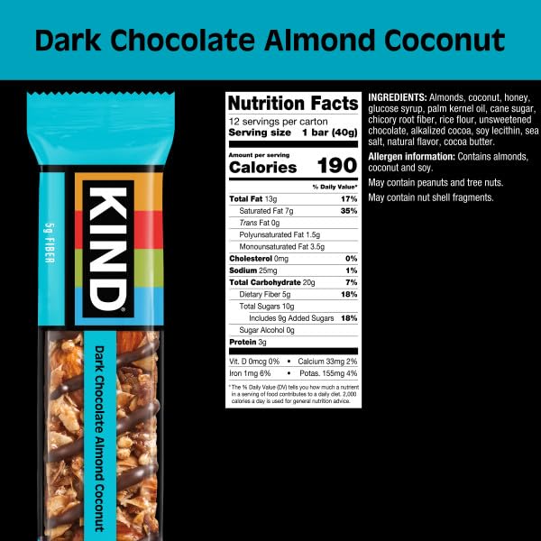 KIND almond coconut bar closeup reveals crunchy almonds and chocolate texture.