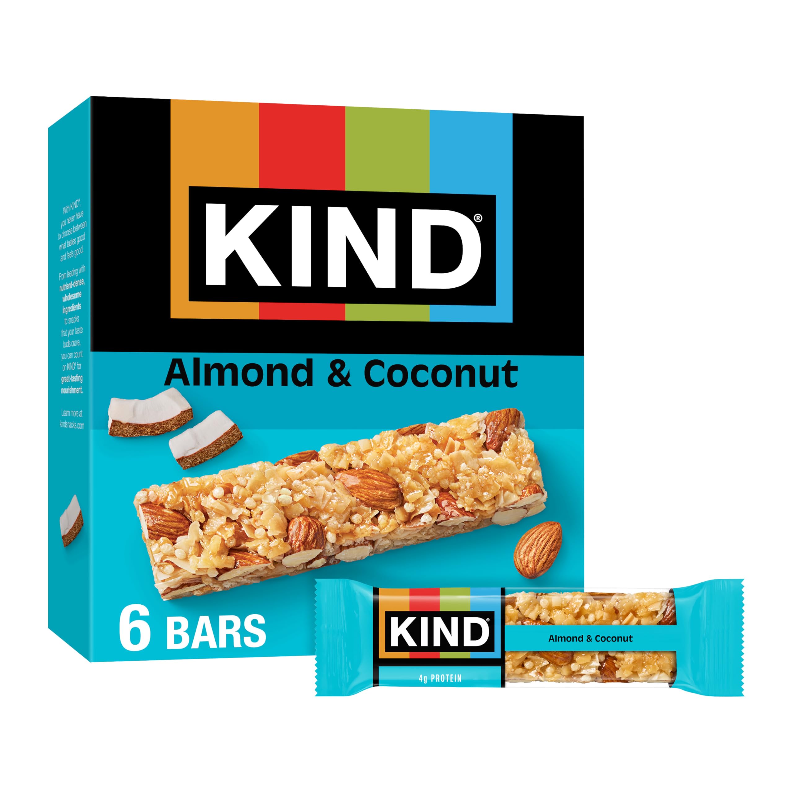 KIND Almond & Coconut bar pack close-up with almonds and coconut pieces