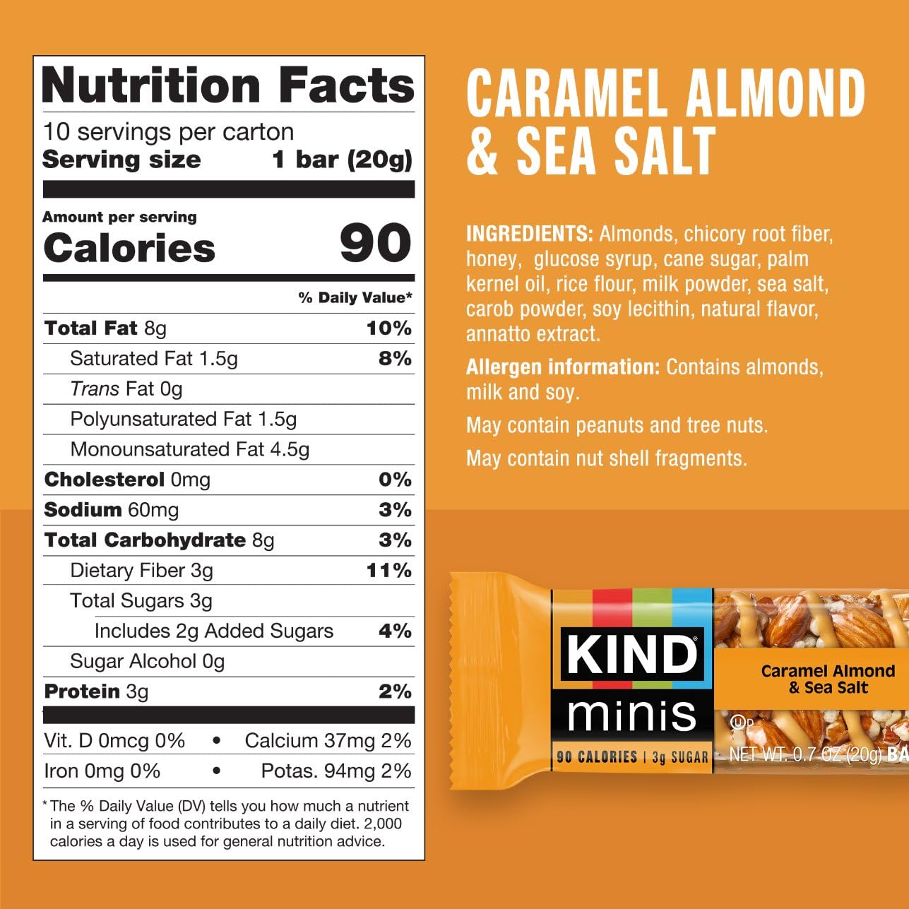 Kind Bar Minis caramel almond sea salt flavor emphasizes sweet-salty crunch