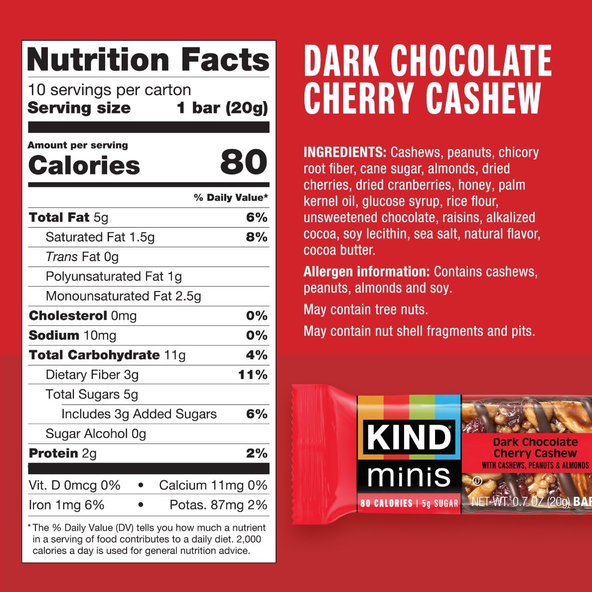KIND Bar Minis Dark Chocolate Cherry Cashew close-up with fruity chocolate bite