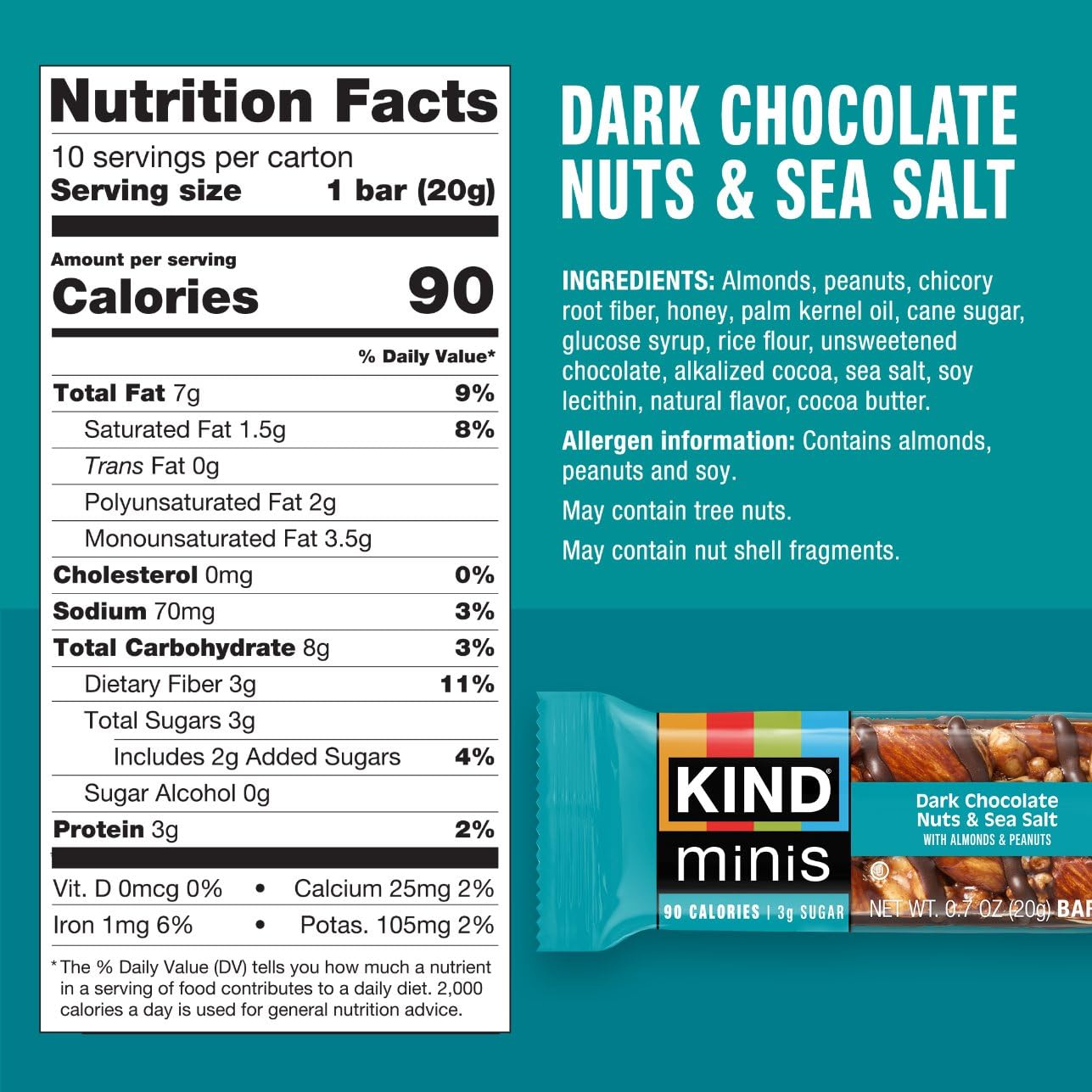 KIND Bar Minis Dark Chocolate Nuts & Sea Salt close-up showing rich chocolate and crunchy nuts