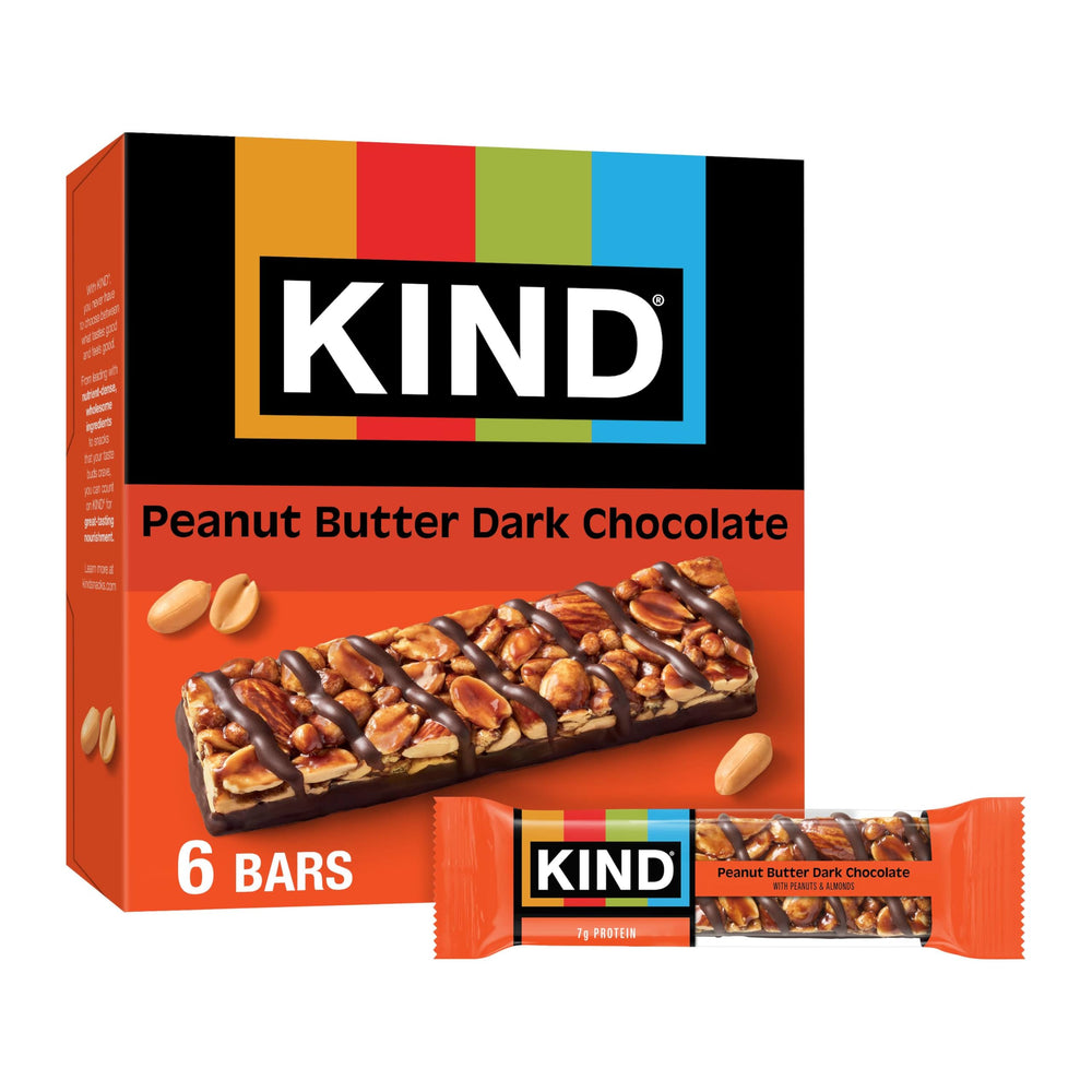 KIND Peanut Butter Dark Chocolate bar front view, gluten-free on-the-go snack.