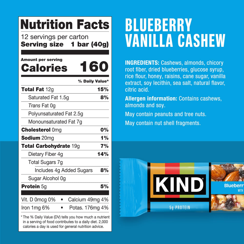 Close-up of KIND Blueberry Vanilla Cashew bars highlighting cashews