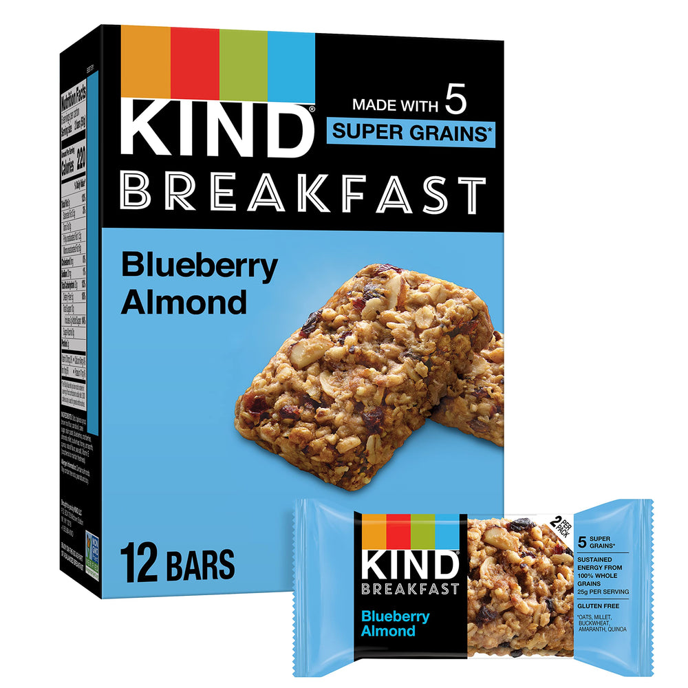 KIND Breakfast Bars Blueberry Almond box, gluten-free snack for busy mornings.