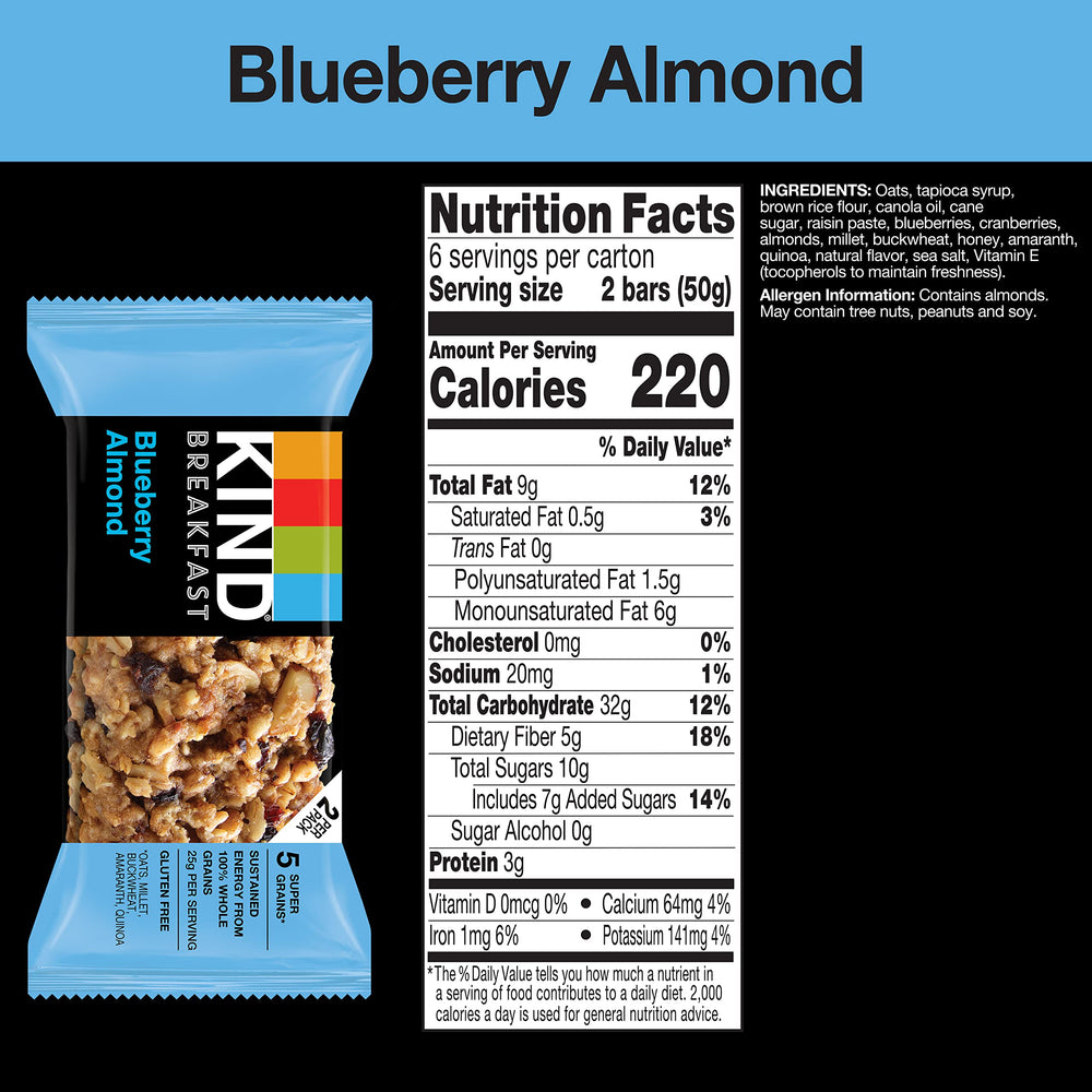 KIND Blueberry Almond bar close-up, 25g whole grains per serving.