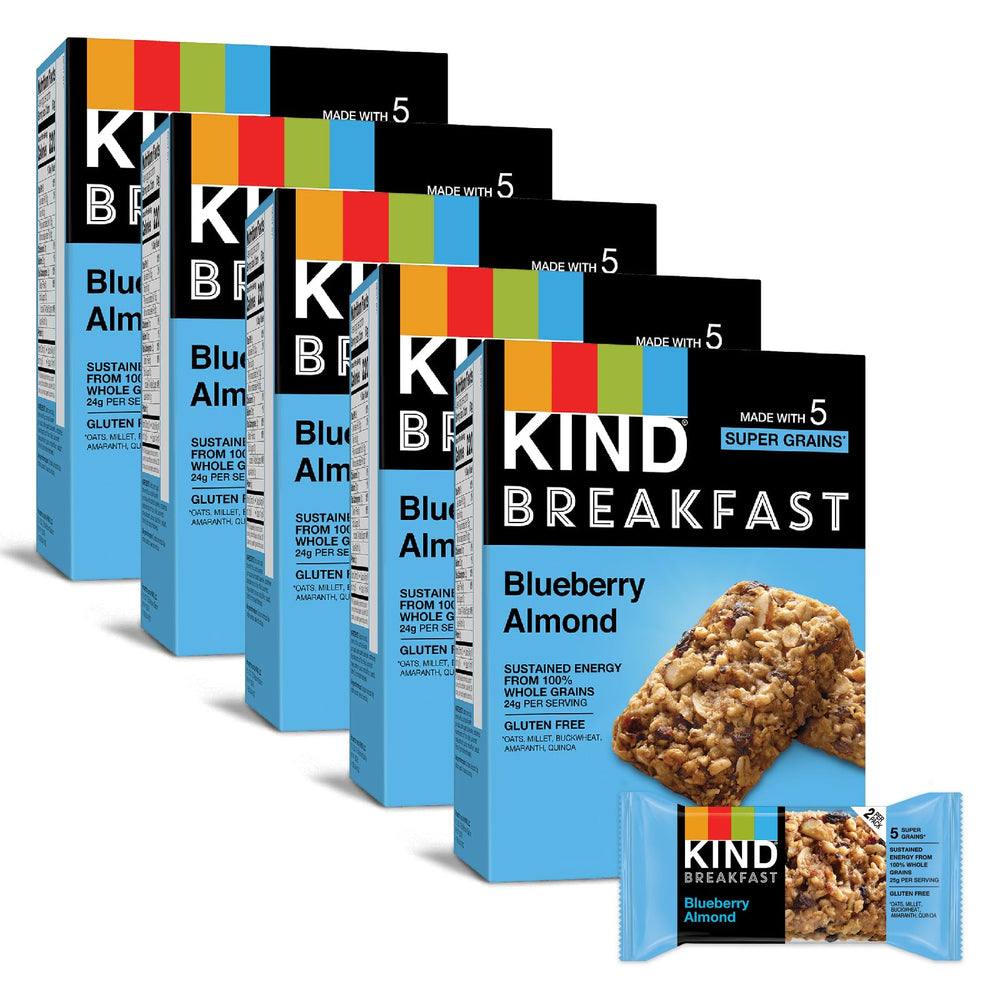 KIND Blueberry Almond Breakfast Bars pack with gluten-free whole grains for on-the-go energy.