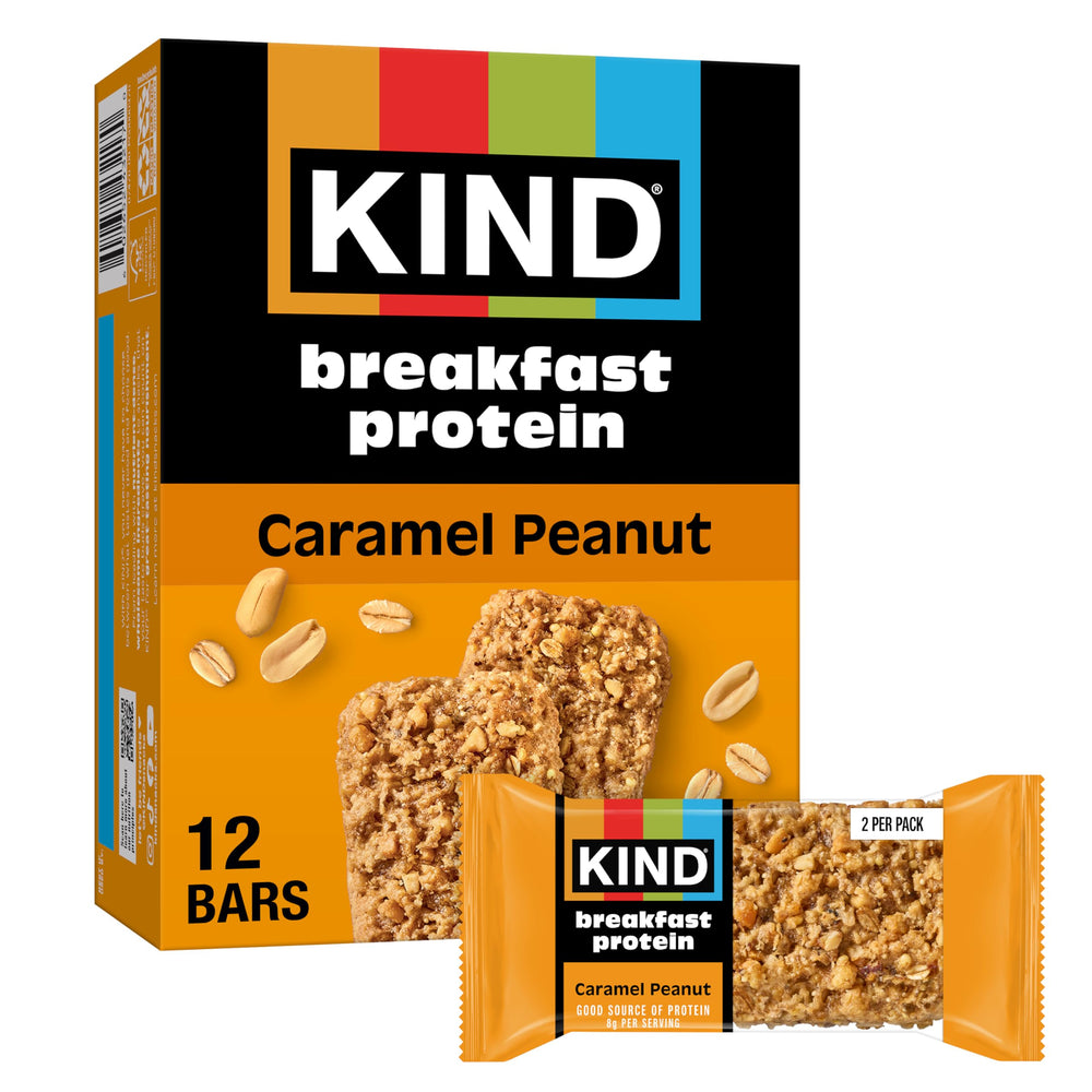 Kind Breakfast Bars box-front displaying caramel peanut flavor for on-the-go energy