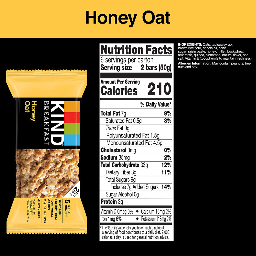 Close-up of KIND Honey Oat bars highlighting chewy texture.