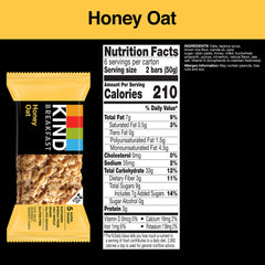 Close-up of KIND Honey Oat bars highlighting chewy texture.