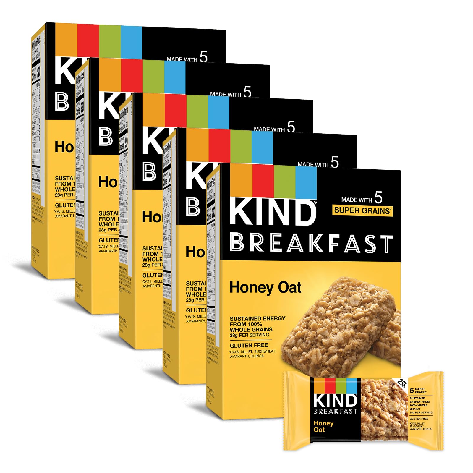 KIND Breakfast Bars Honey Oat pack, showing gluten-free whole grains for a wholesome start.