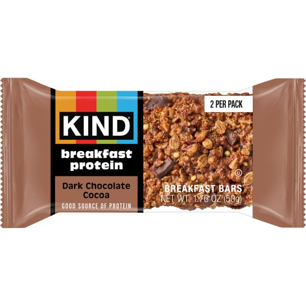 KIND gluten-free breakfast bars on countertop with oats and dark chocolate