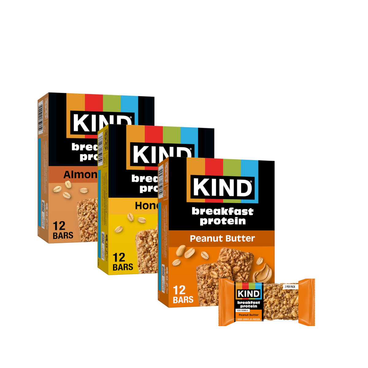 KIND Breakfast Protein Bars pack showcasing three flavors for on-the-go energy.