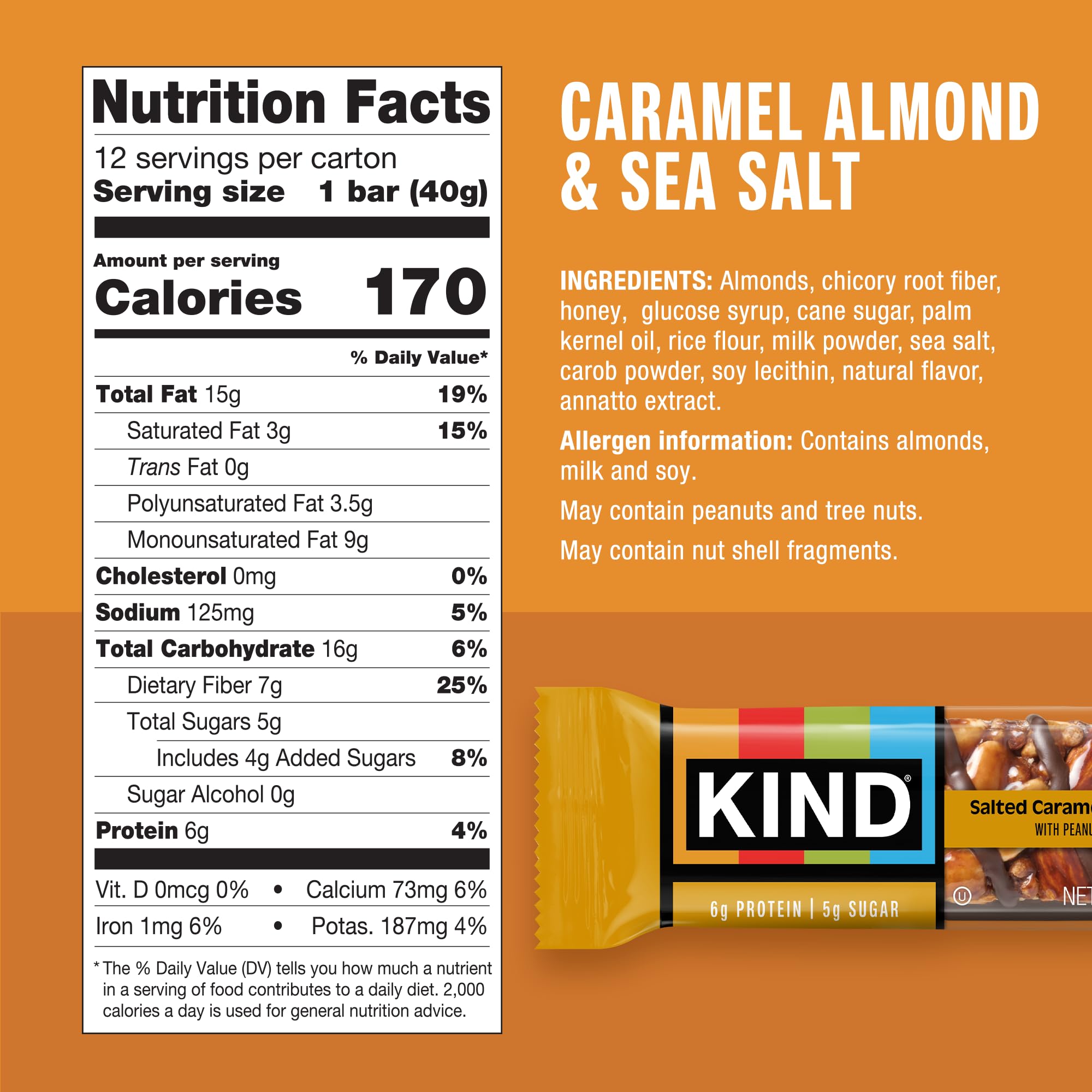 KIND Caramel Almond & Sea Salt bar close-up with almonds for a satisfying crunch.