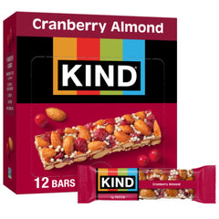 KIND Cranberry Almond Bars box on a shelf, gluten-free, convenient snack option.