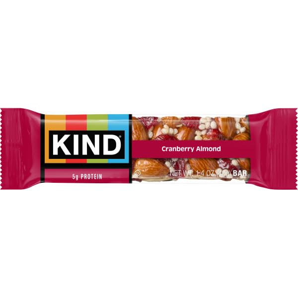 Gluten-free and Non-GMO verified Kind Cranberry Almond Bars packaging.