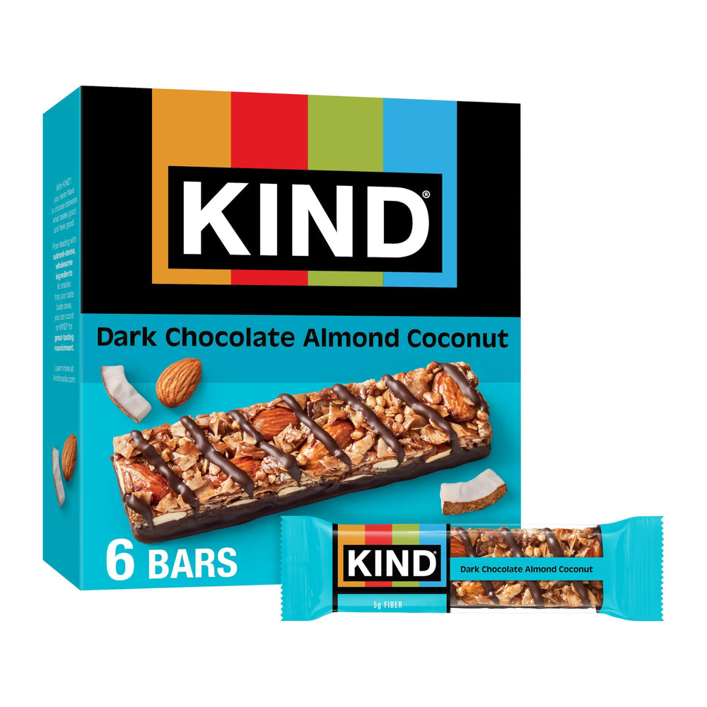 KIND dark chocolate almond and coconut bar six-pack, convenient on-the-go snack.