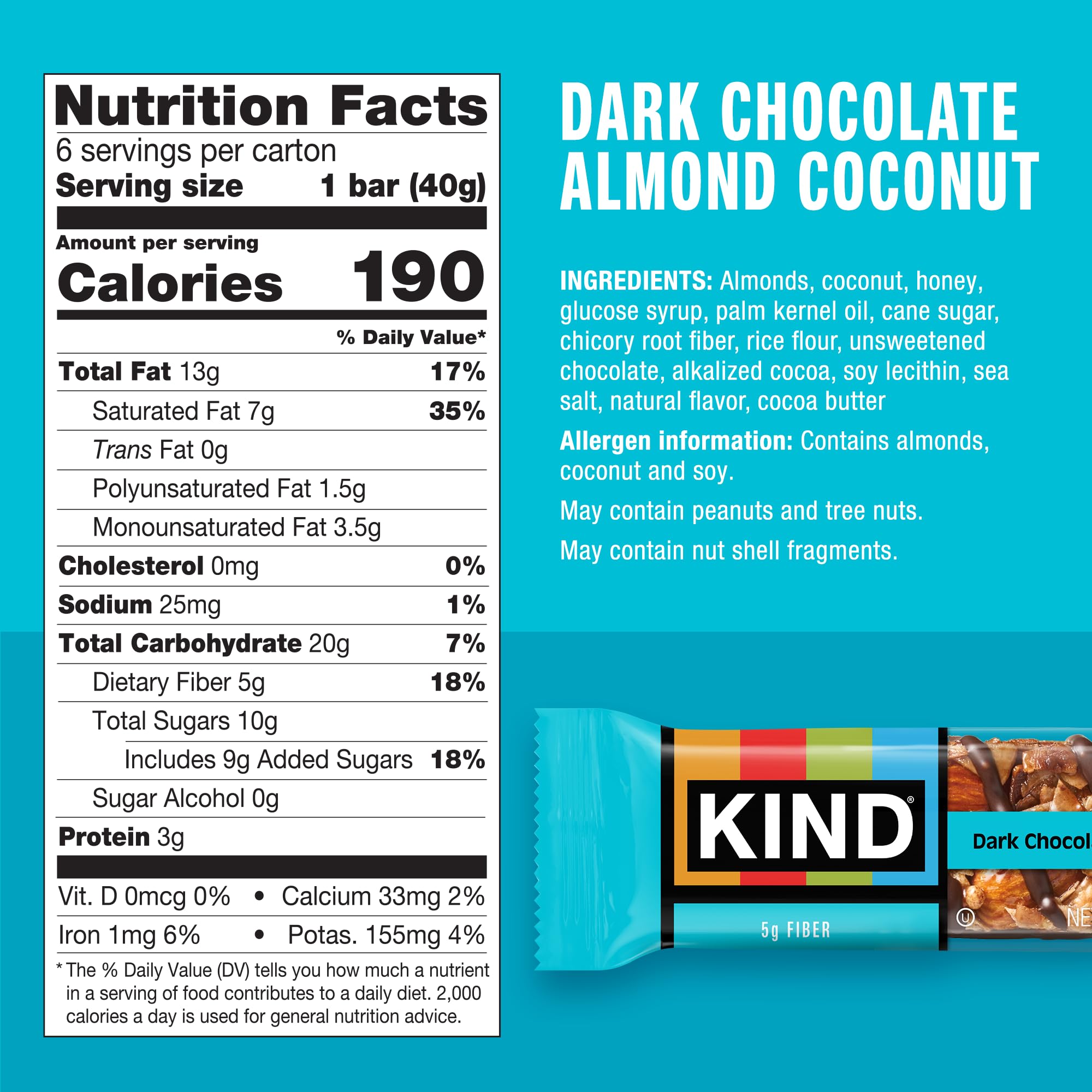 KIND bar unwrapped, showing dark chocolate coating over almond and coconut core.