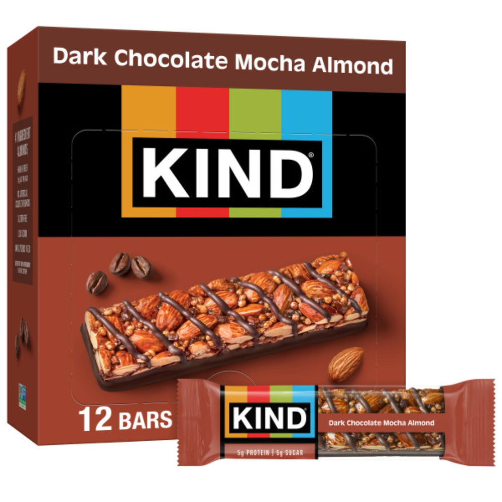 KIND Dark Chocolate Mocha Almond bar front view showing almond crunch.